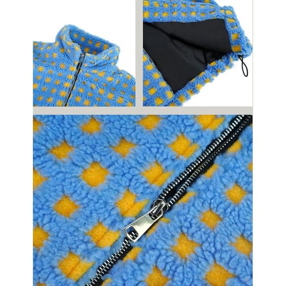 Women Blue Cropped Sherpa Fleece Plaid Jacket Chunky Outerwear - Picture 5 of 6